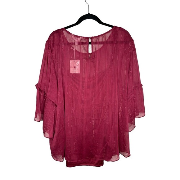 LC Lauren Conrad Tops - Lauren Conrad Blouse Womens Size 4X Burgundy Sheer Pullover Flutter Short Sleeve
